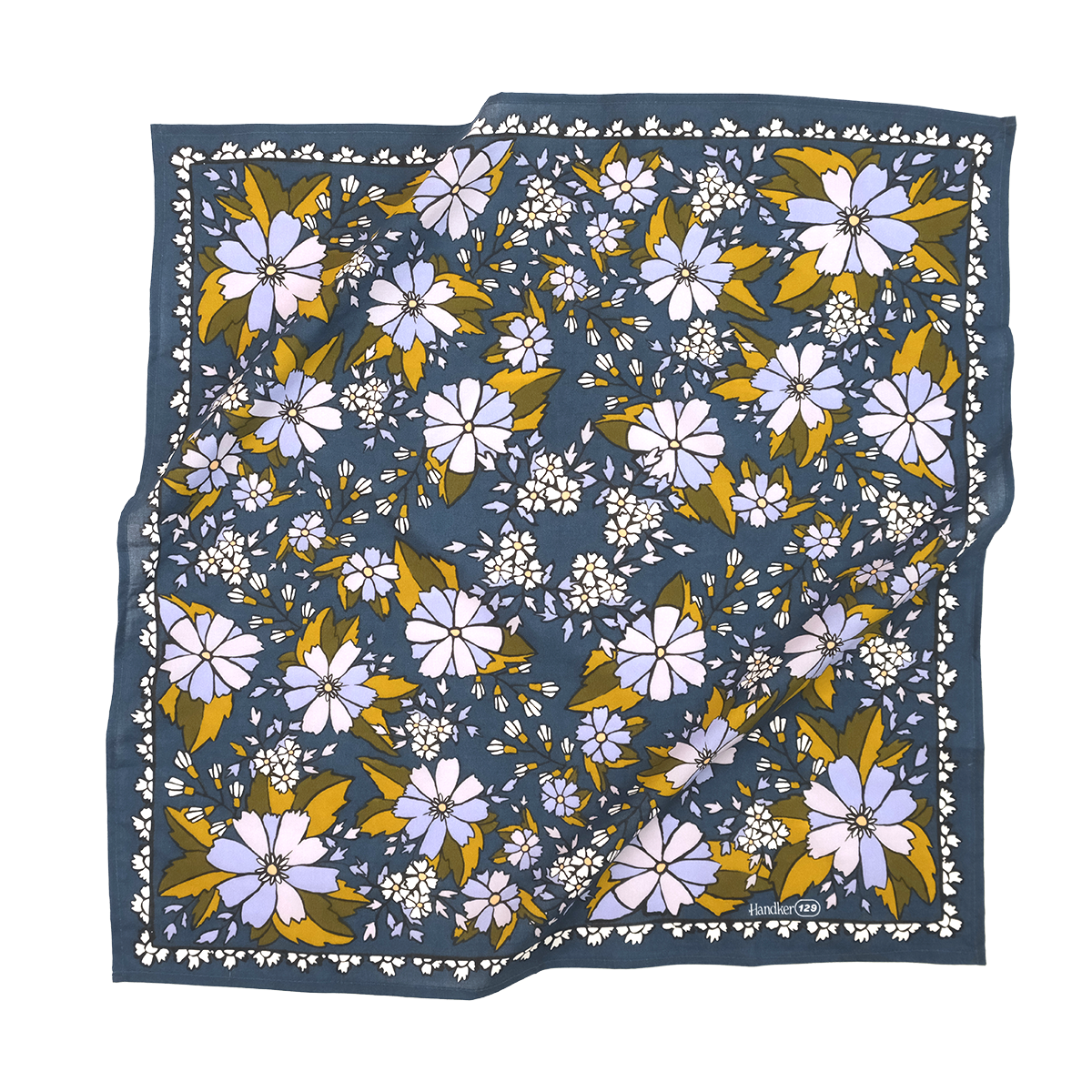 No. 129 Chicory Bandana laid flat, featuring lilac and purple flowers with muted green and golden leaves on a dark blue background.