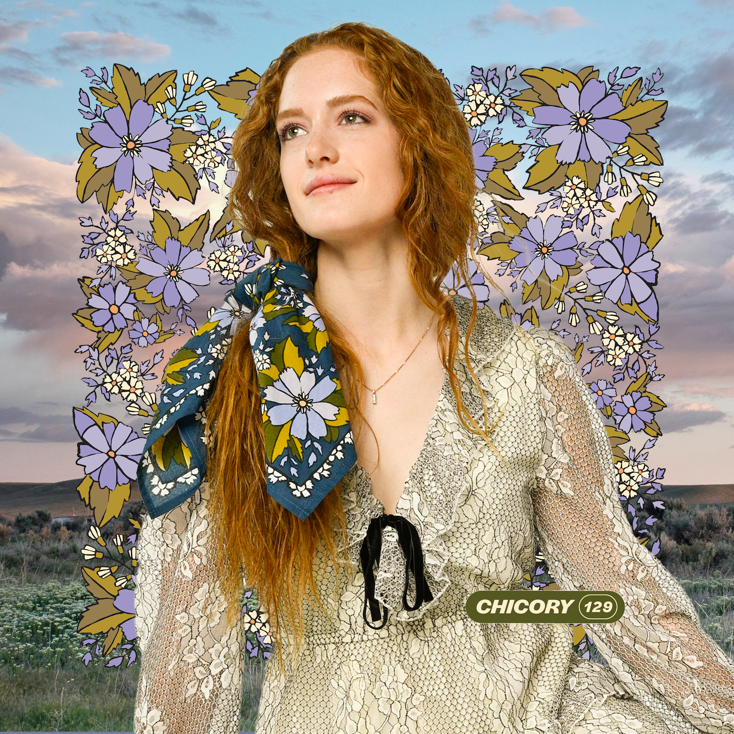 Woman wearing the No. 129 Chicory Bandana tied around her neck with a light embroidered blouse.