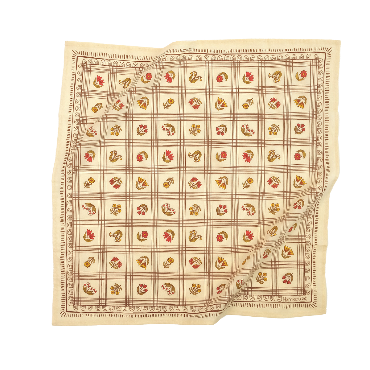 No. 130 Laura Bandana in creamy yellow cotton with brown grid print, rust and olive floral motifs, and decorative border.