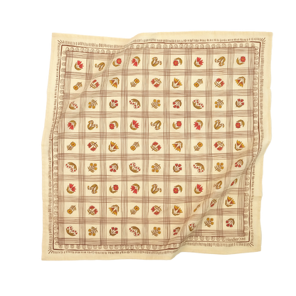 No. 130 Laura Bandana in creamy yellow cotton with brown grid print, rust and olive floral motifs, and decorative border.