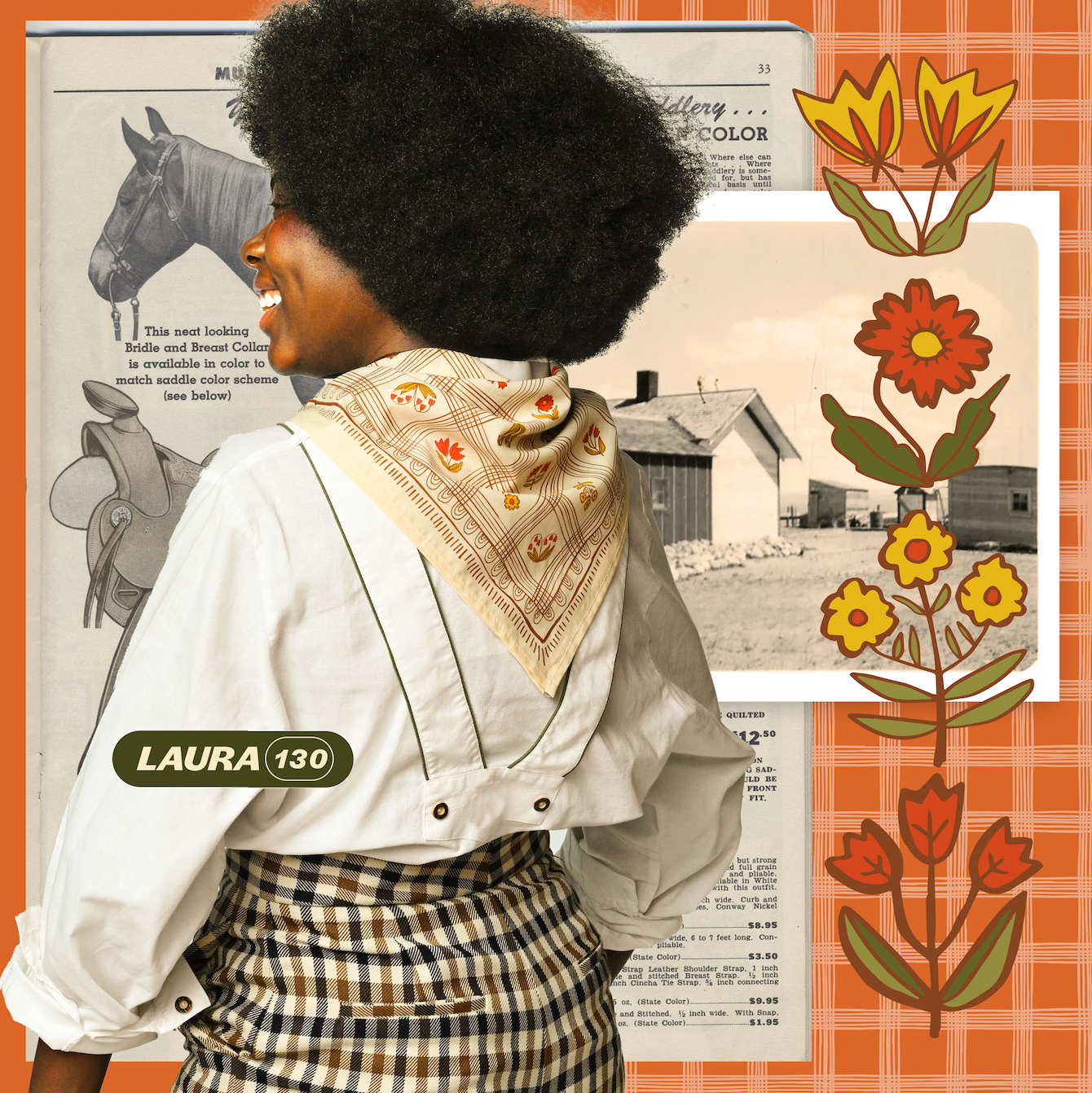 Model wearing the No. 130 Laura Bandana in creamy yellow with brown, rust, and olive floral print styled around the neck.