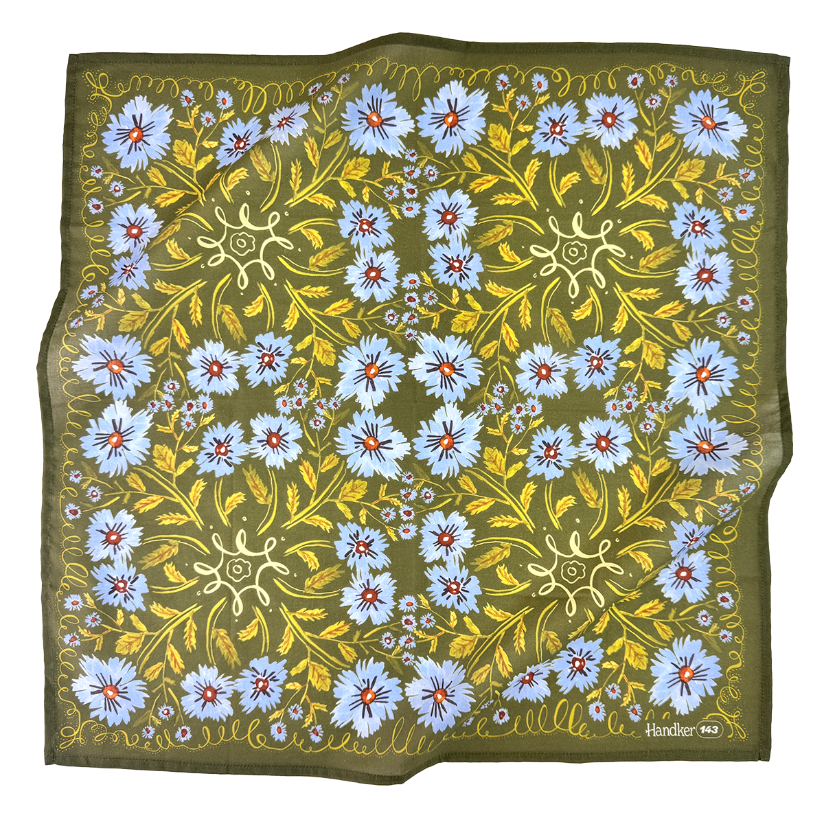 Full view of the No. 143 Clara bandana in olive green with periwinkle floral print, yellow botanical accents, and decorative border.