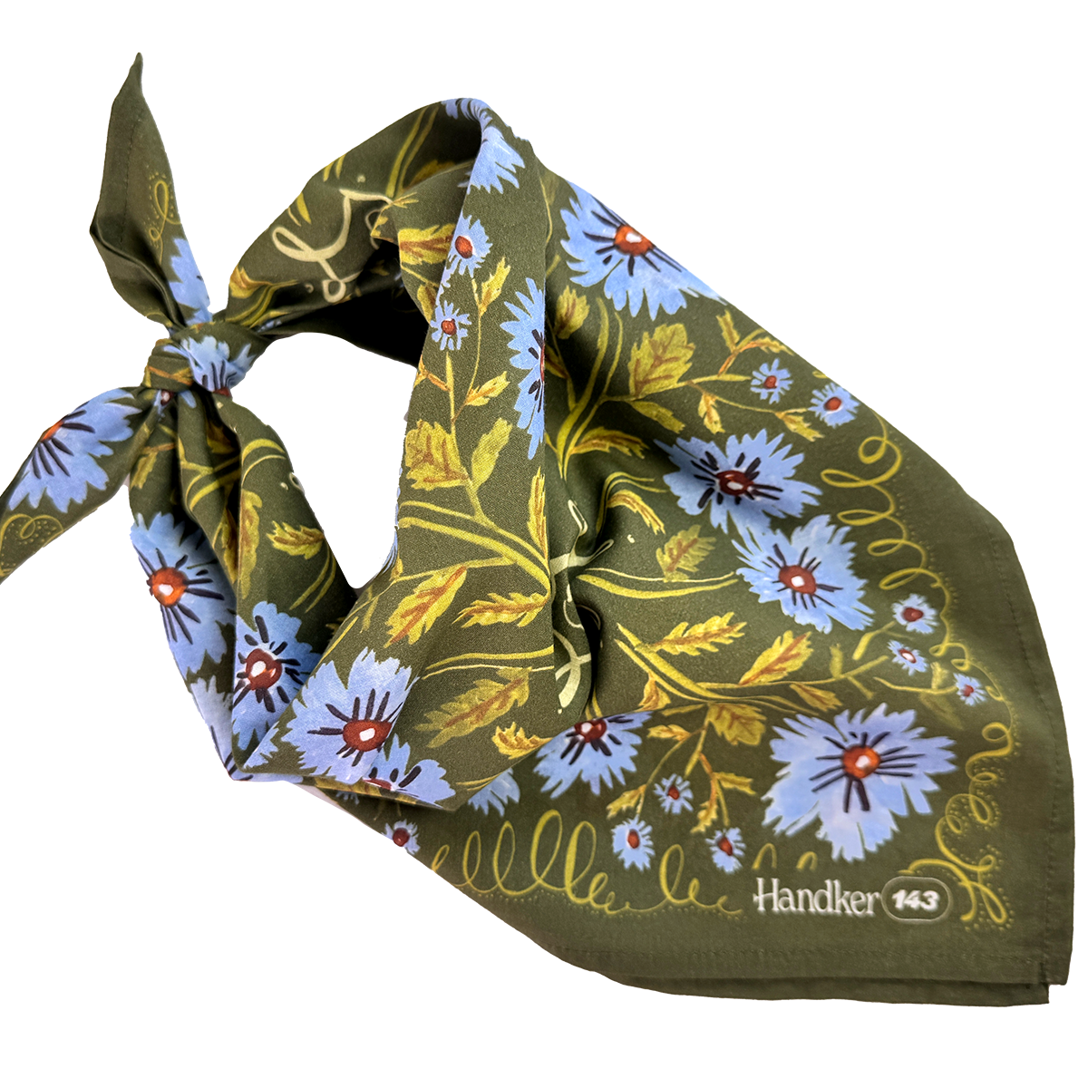 No. 143 Clara bandana tied into a scarf shape, featuring an olive green base with periwinkle floral and botanical print.