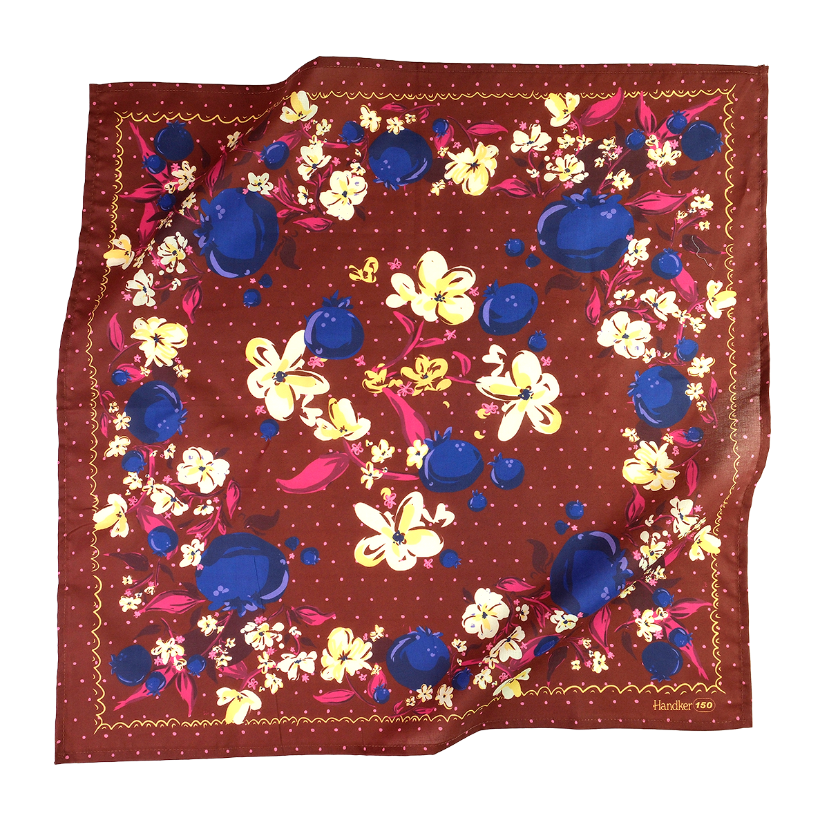 No. 150 Meg Bandana folded and tied to display its rich chocolate brown and jewel-toned floral print.