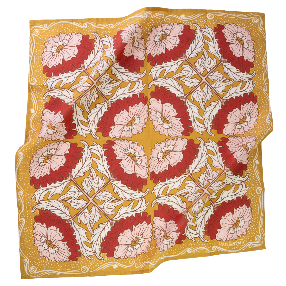 No. 154 Ruthie Bandana laid flat featuring an ochre gold, pink, brown, and cream floral print.