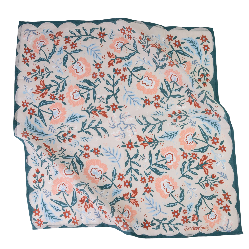 No. 156 Willa Bandana laid flat, featuring dark teal, blue, red, and blush florals on a cream background.