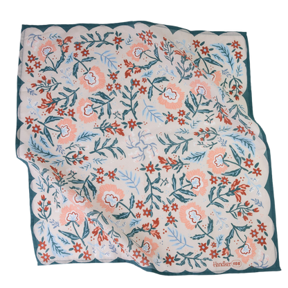 No. 156 Willa Bandana laid flat, featuring dark teal, blue, red, and blush florals on a cream background.