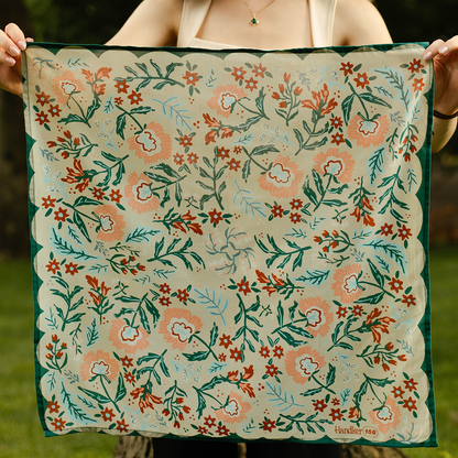 No. 156 Willa Bandana held open to show its full botanical design and dark teal scalloped border.