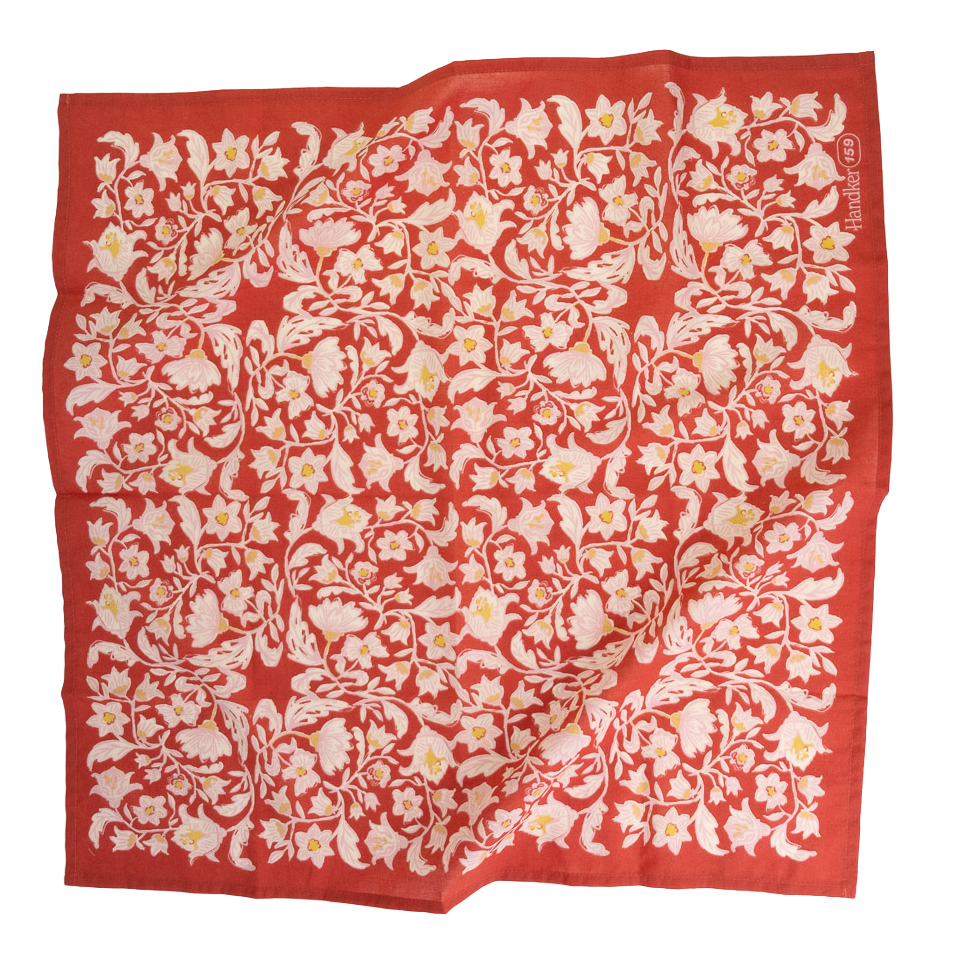 No. 159 Delphine Bandana laid flat with an intricate cream and ochre floral pattern on a poppy red background.