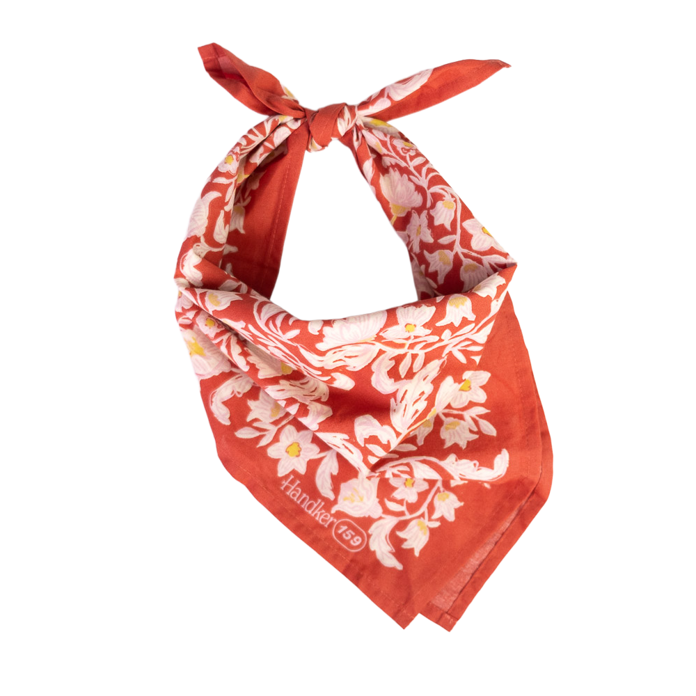 No. 159 Delphine Bandana folded and tied to display its detailed floral pattern.
