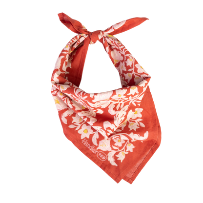 No. 159 Delphine Bandana folded and tied to display its detailed floral pattern.