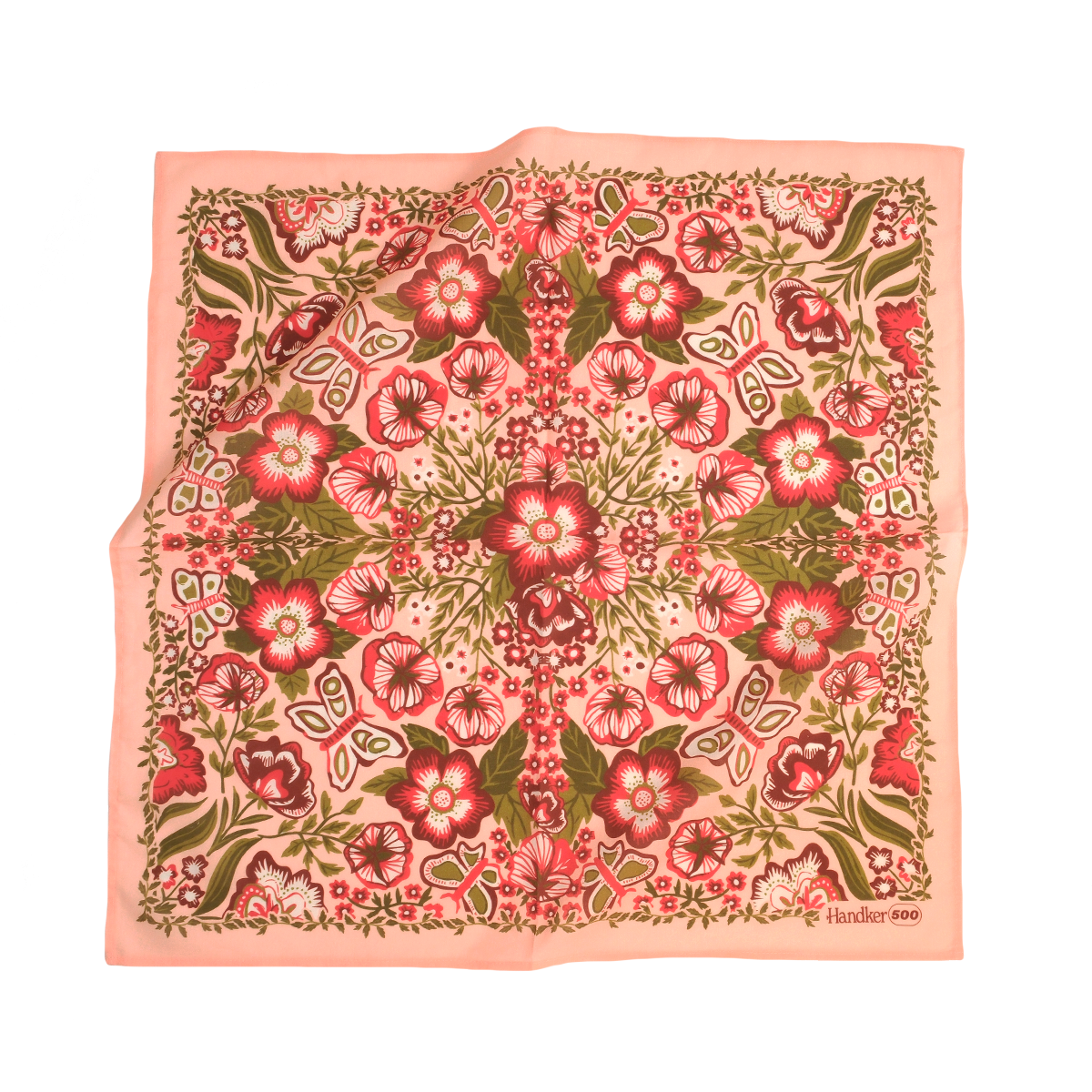 No. 500 Sylvia Bandana featuring a pink, green, and cream floral print with a soft peach border, shown laid flat.