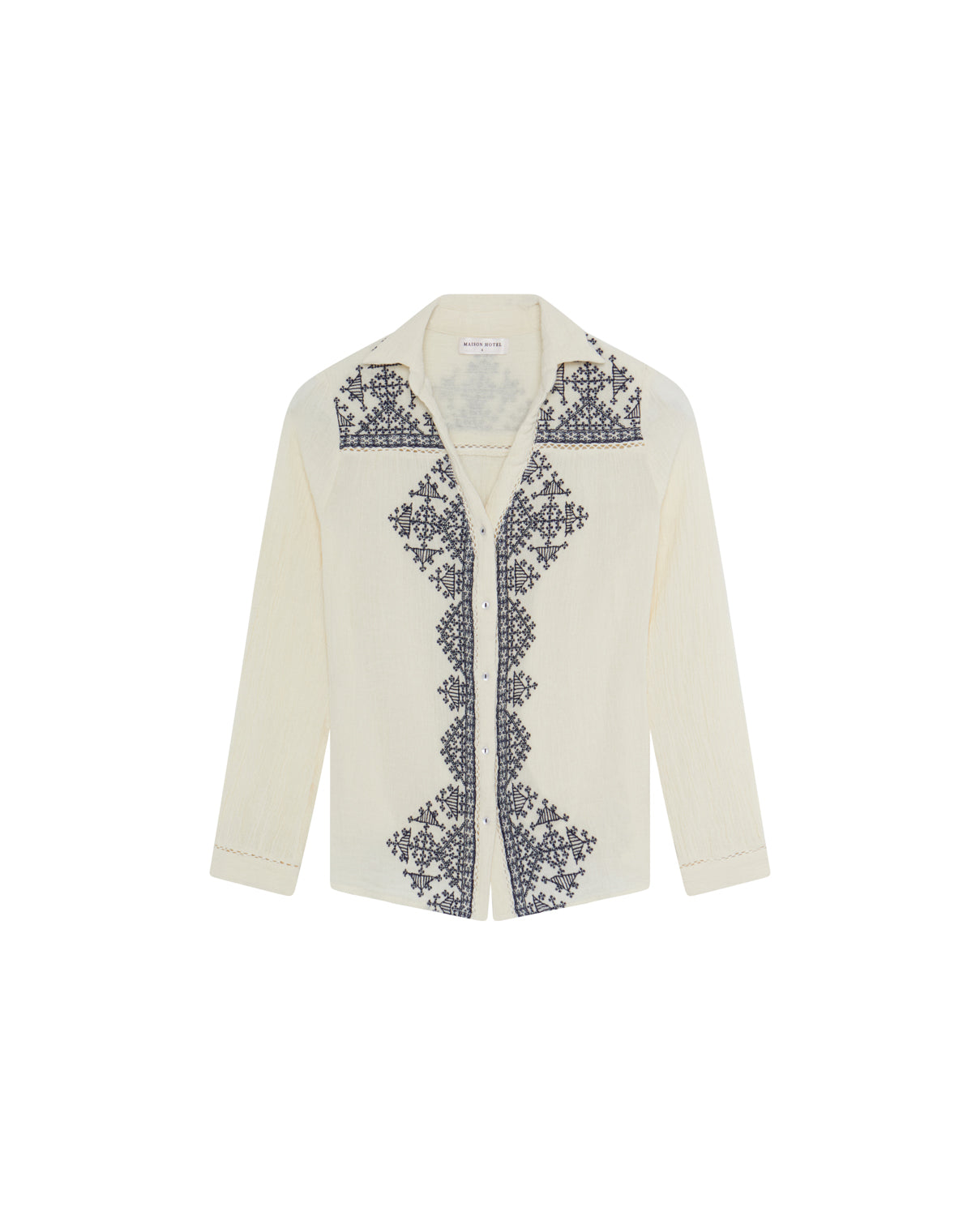 Product image of the Noida Amrit off-white long-sleeve shirt with navy geometric embroidery on the front.