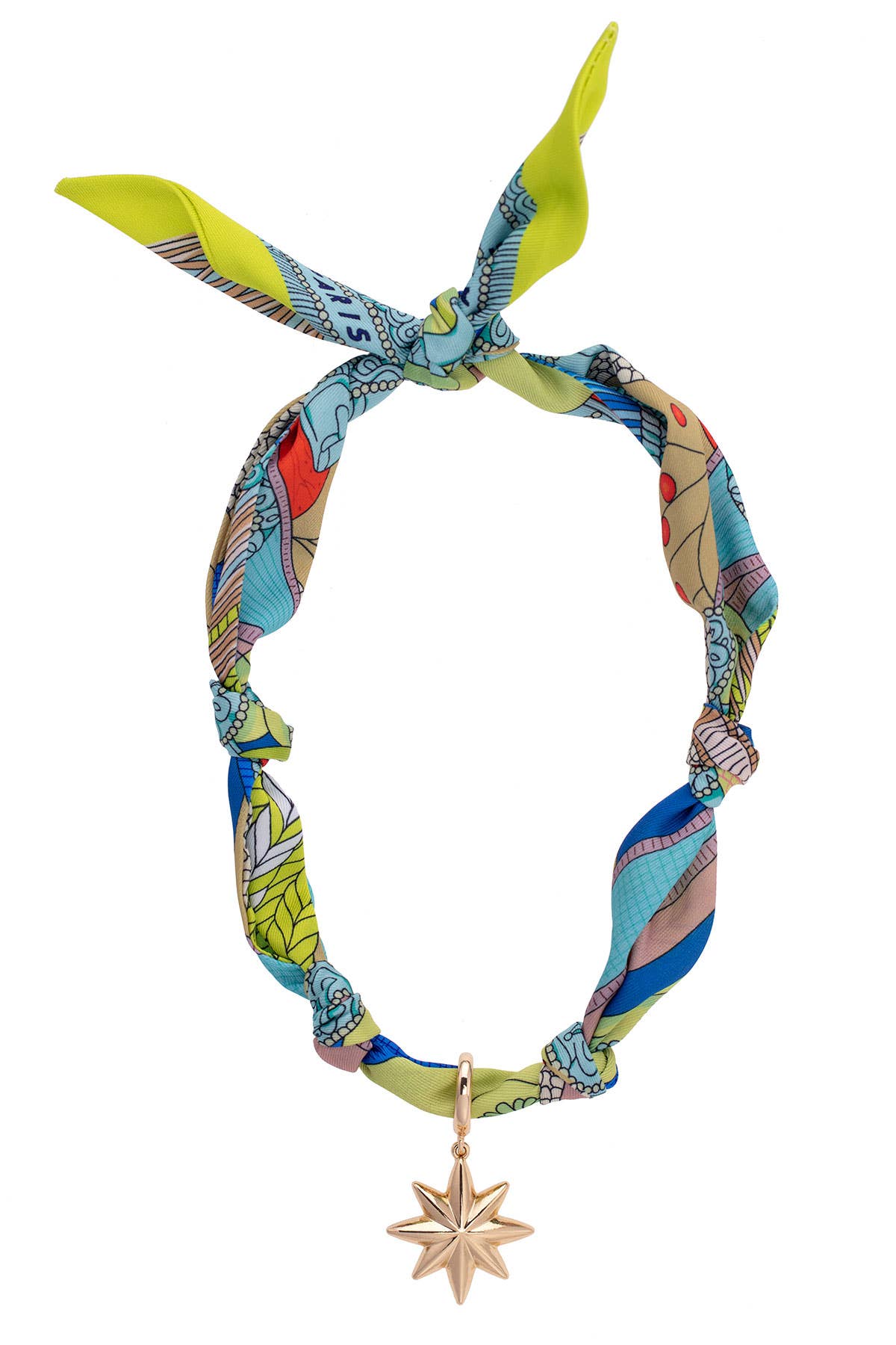Nova North Star scarf necklace in lime green, blue, and white with knotted fabric details and a gold-tone star pendant on a white background.