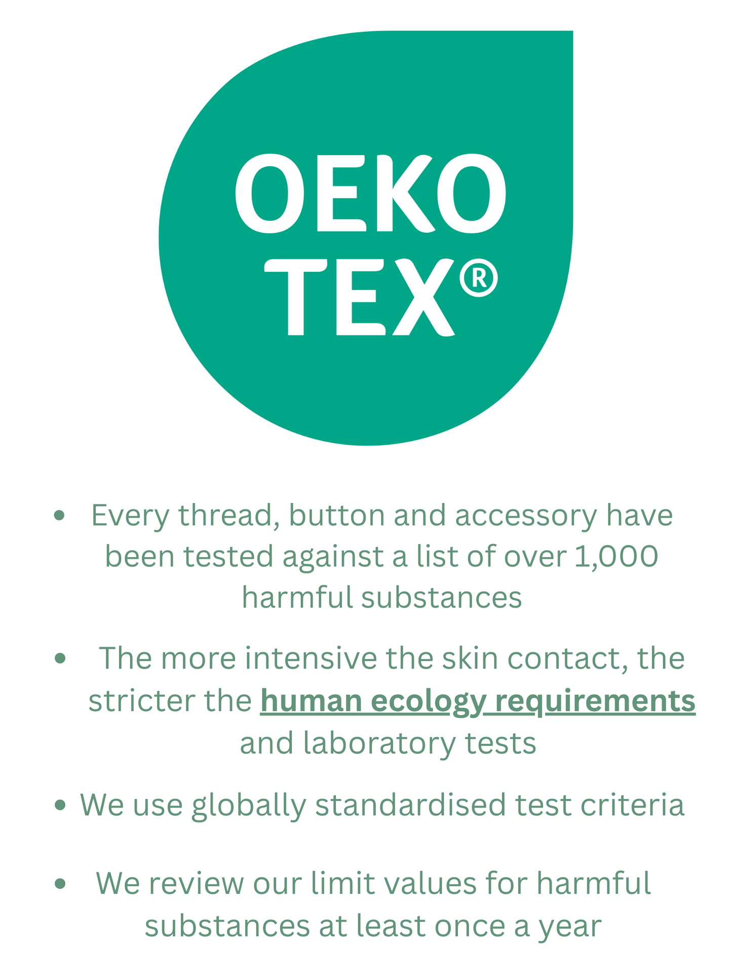 Oeko-Tex certification graphic highlighting testing standards for harmful substances and textile safety requirements.