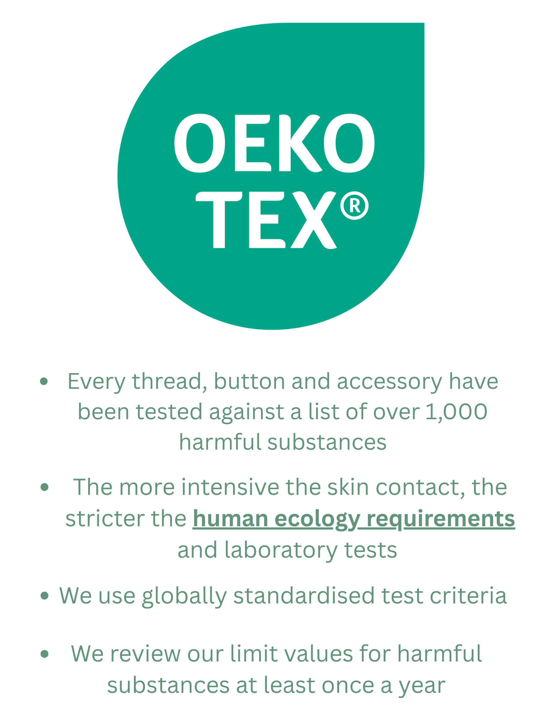 Oeko-Tex certification graphic highlighting testing standards for harmful substances and textile safety requirements.