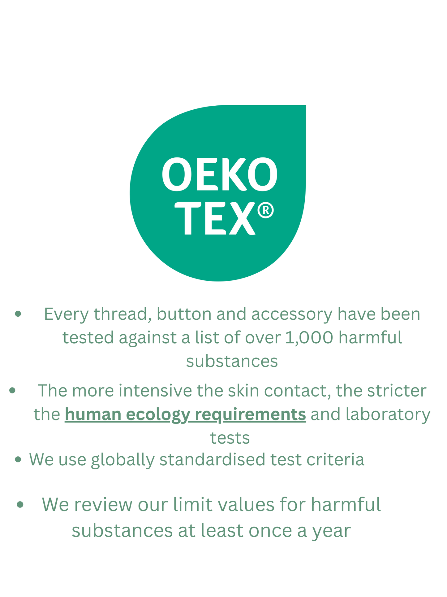 Oeko-Tex certification graphic outlining textile safety standards and testing requirements for harmful substances used in Pilates Pickle socks.