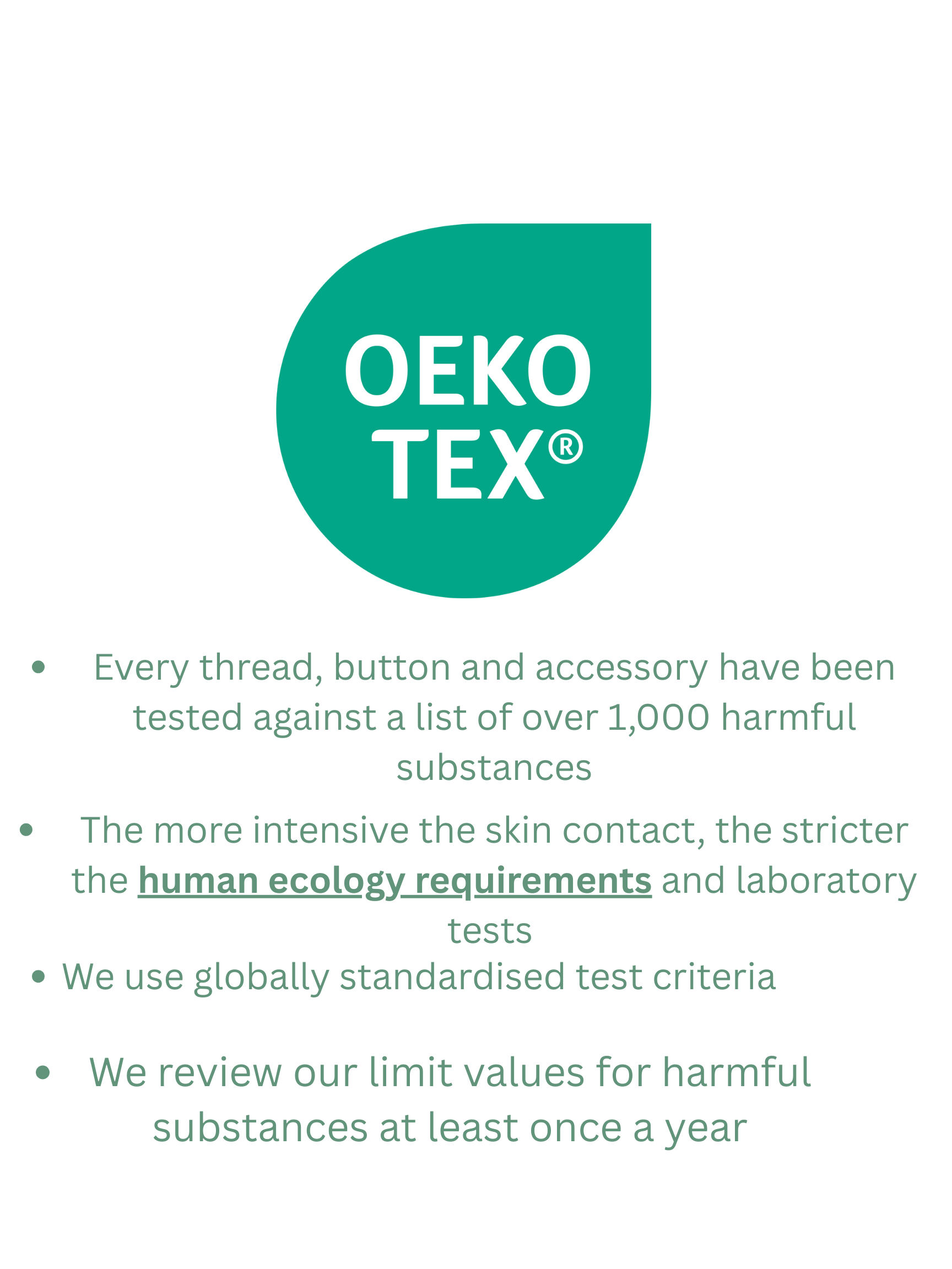 Oeko-Tex certification graphic outlining textile safety standards and testing requirements for harmful substances used in Pilates Pickle socks.