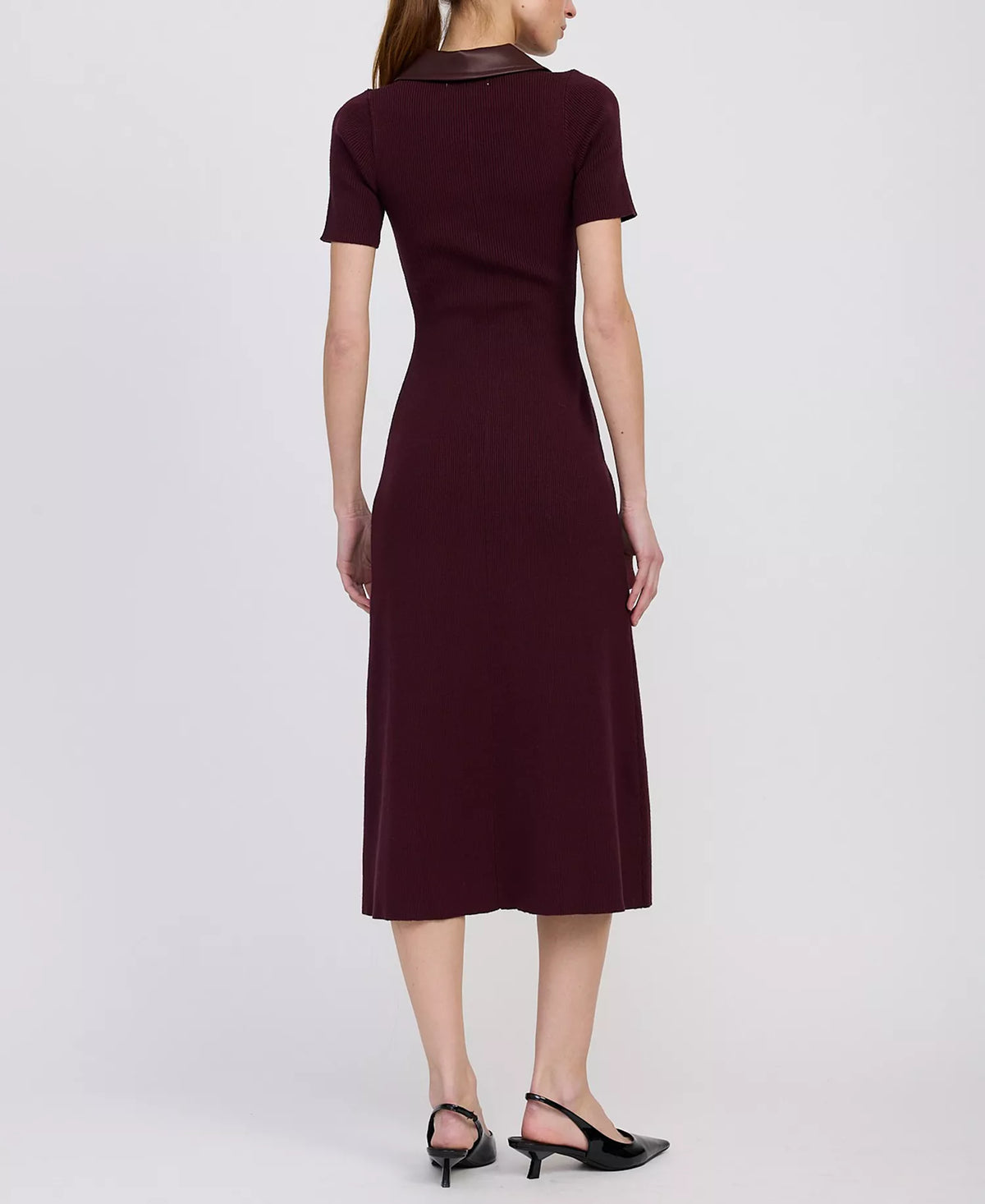 Back view of the Ora Knit Midi Dress in Plum Brown showing the fitted midi-length silhouette