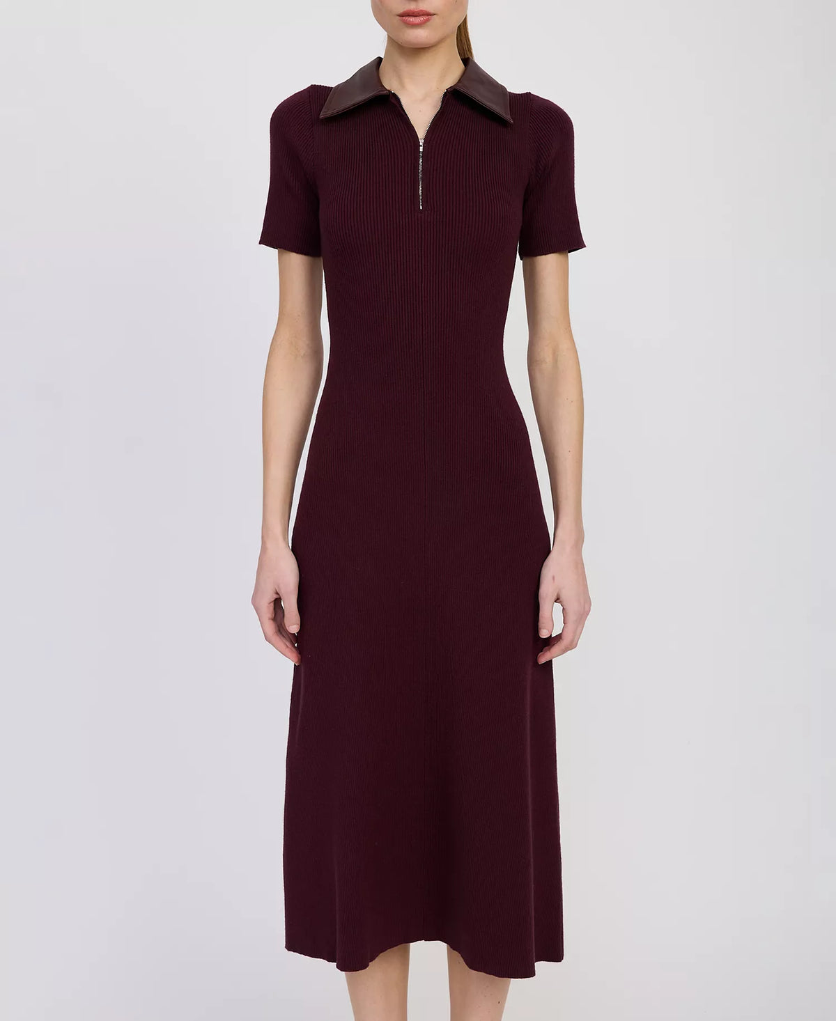 Ora Knit Midi Dress in Plum Brown featuring a fitted midi silhouette, collared neckline, and quarter-zip front