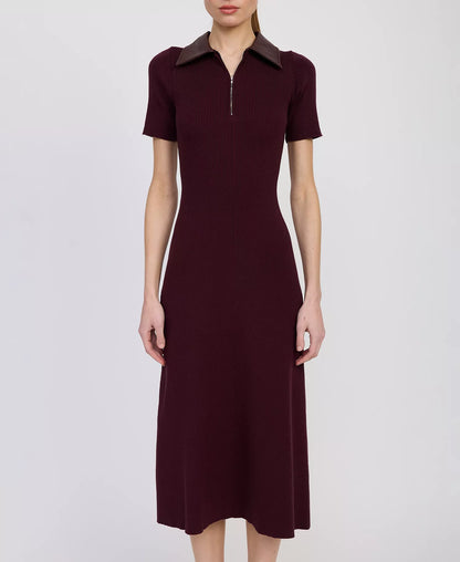 Ora Knit Midi Dress in Plum Brown featuring a fitted midi silhouette, collared neckline, and quarter-zip front
