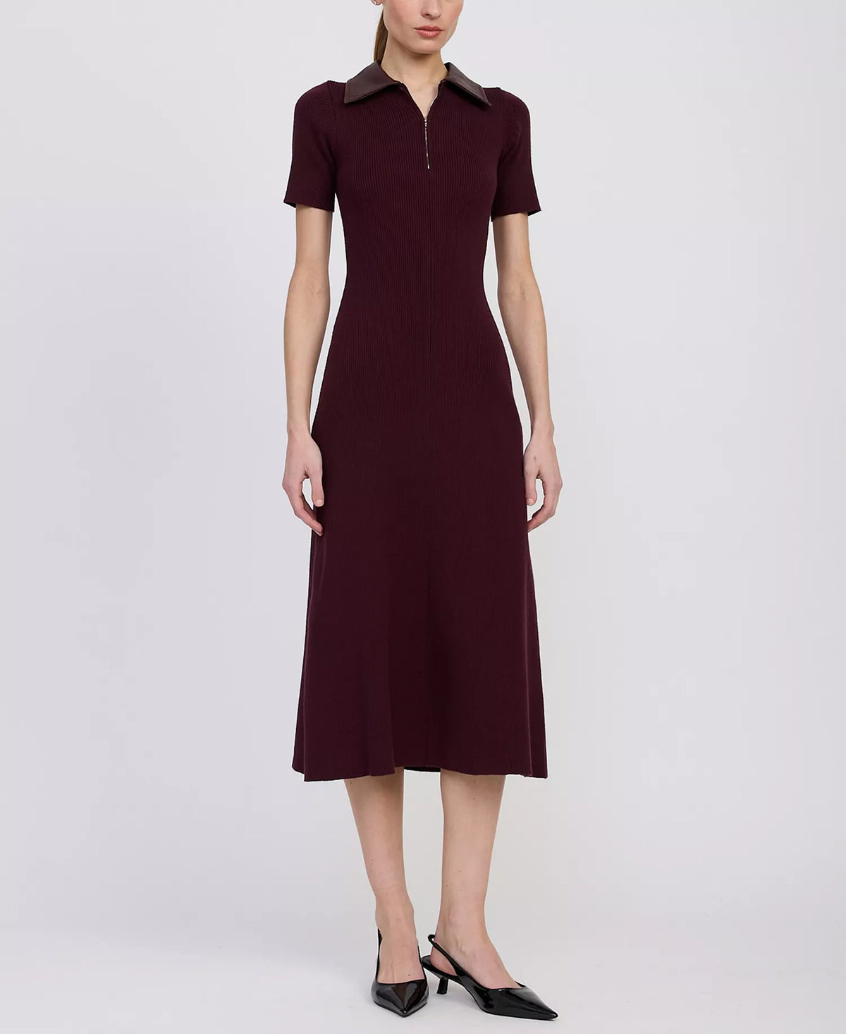 Full front view of the Ora Knit Midi Dress in Plum Brown with short sleeves and a fitted midi-length silhouette