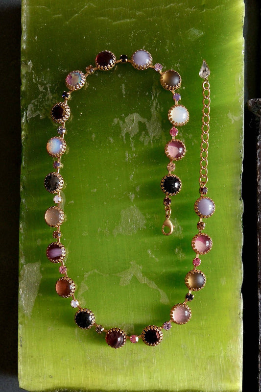 Paint Pot Layering Choker in Punk Rocks Gold featuring multicolor round vintage glass stones and crystal accents with a gold-plated extender chain.