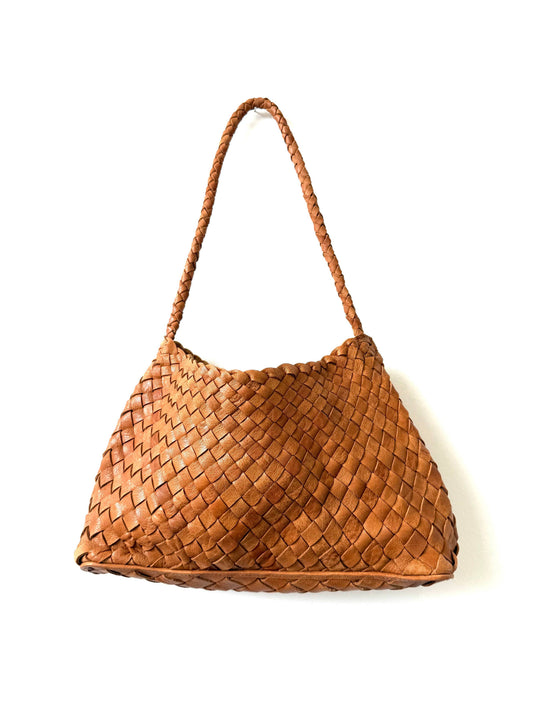 Palar Tan Bag handwoven leather shoulder bag shown from the front on a white background