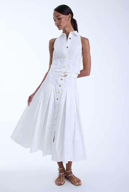 Front view of the Poppy Midi Skirt in white featuring a high-rise waist, button-front design, self-belt with gold-tone buckle, and a full midi-length silhouette.