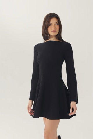 Front view of the black Prescott mini dress highlighting its boat neckline and flared silhouette.