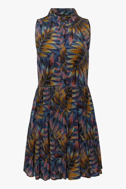 Flat lay of the Prue Dress in Midnight Palm with a sleeveless shirt dress silhouette, button-front placket, and botanical palm print.