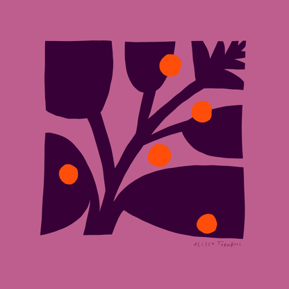 Illustrated botanical scarf design in deep purple and orange-red on a mauve pink background.
