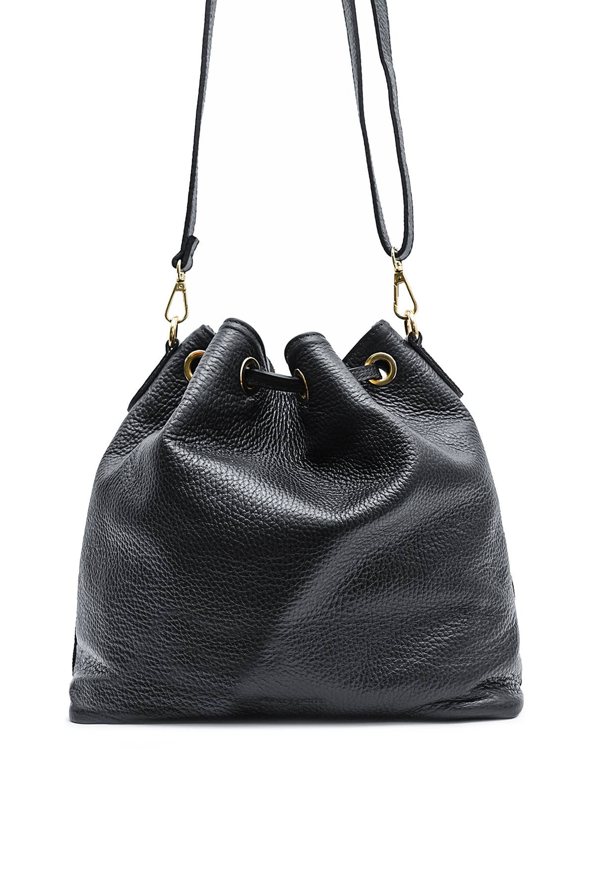 Back view of the Régine Suede Bag in noir suede with a softly gathered drawstring silhouette and long shoulder strap.