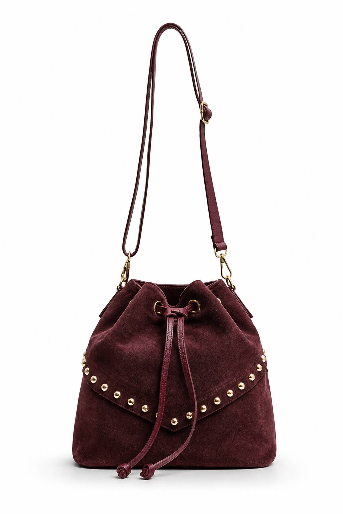 Régine Suede Bag in bordeaux suede with a drawstring closure, stud detailing, and an adjustable shoulder strap.