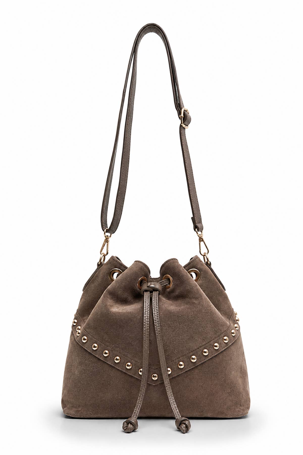 Régine taupe suede bucket bag with gold-tone stud detailing, a drawstring closure, and an adjustable removable shoulder strap.