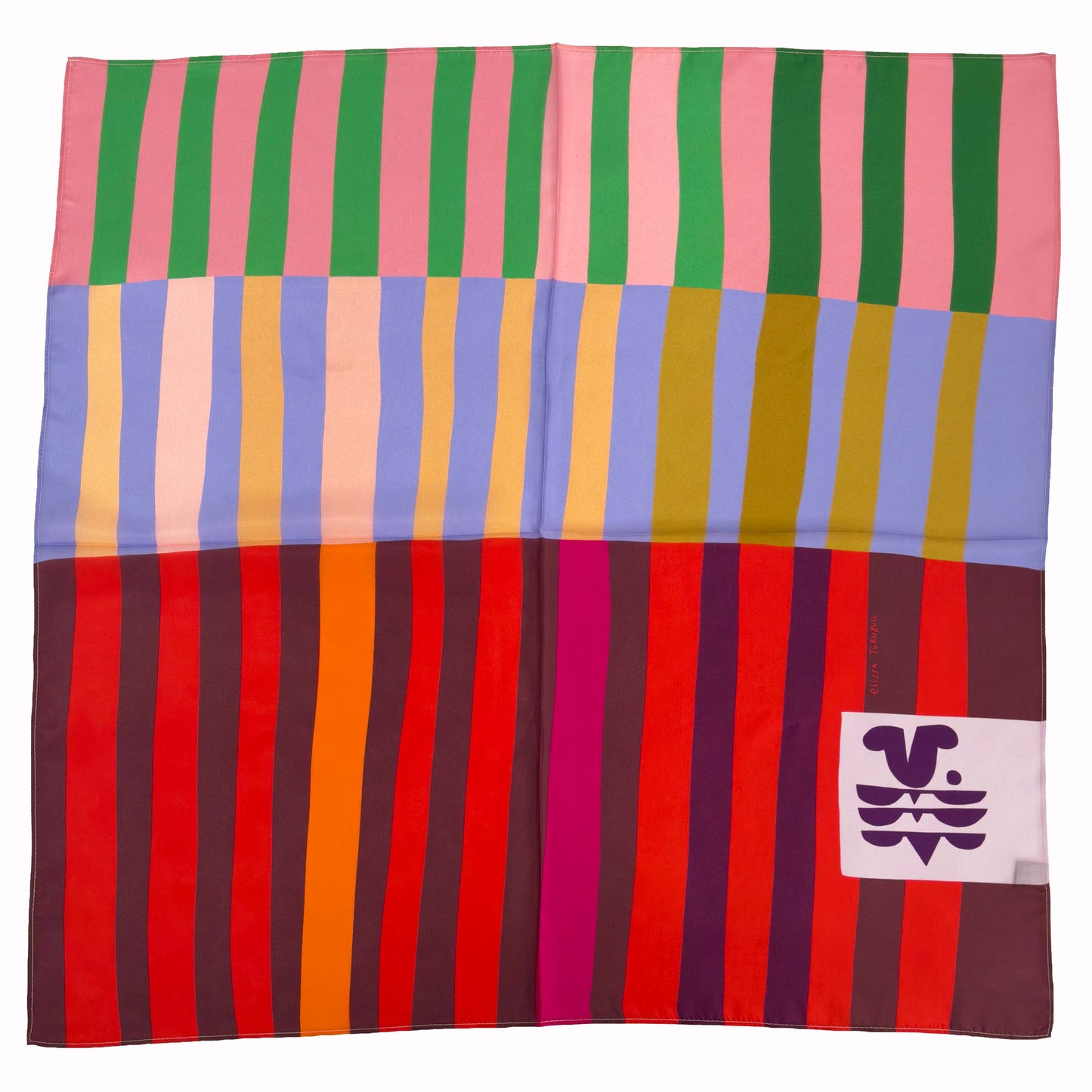 Red Colorblock 100% silk bandana scarf laid flat, showing striped blocks of red, pink, green, lavender, and orange.