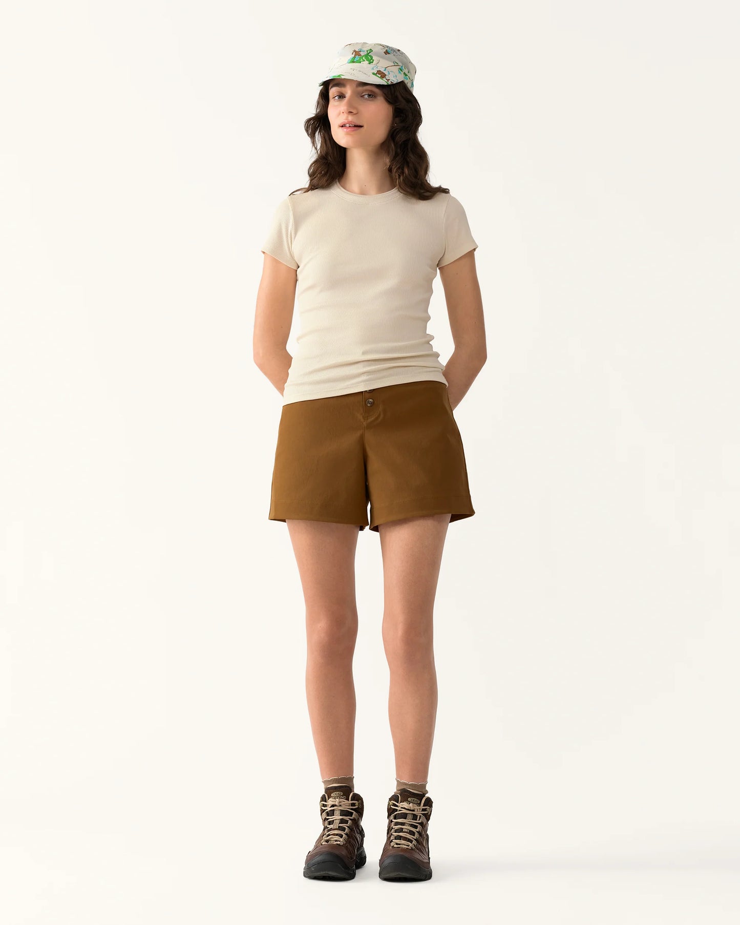Model wearing Ribbed Merino T-Shirt with close-to-body fit paired with shorts