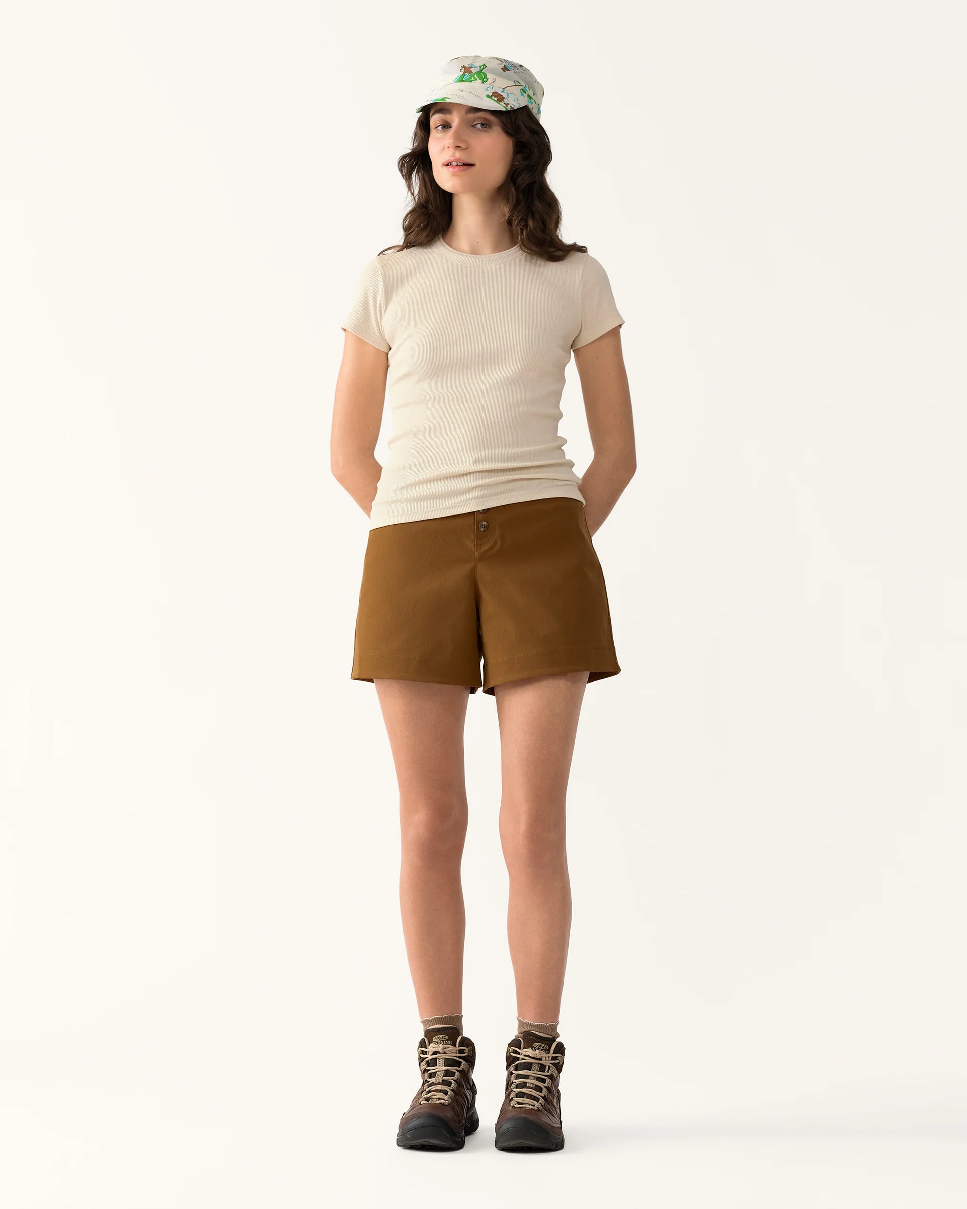Model wearing Ribbed Merino T-Shirt with close-to-body fit paired with shorts