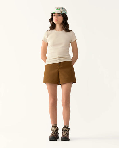 Model wearing Ribbed Merino T-Shirt with close-to-body fit paired with shorts