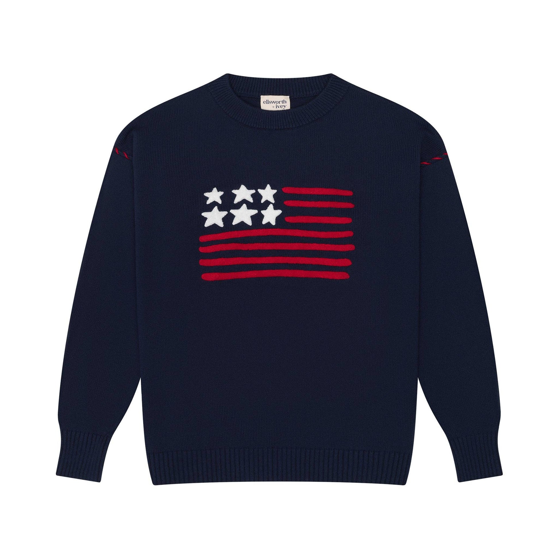Navy oversized cotton crewneck sweater with red and white American flag motif on the front.
