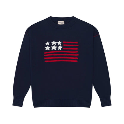 Navy oversized cotton crewneck sweater with red and white American flag motif on the front.