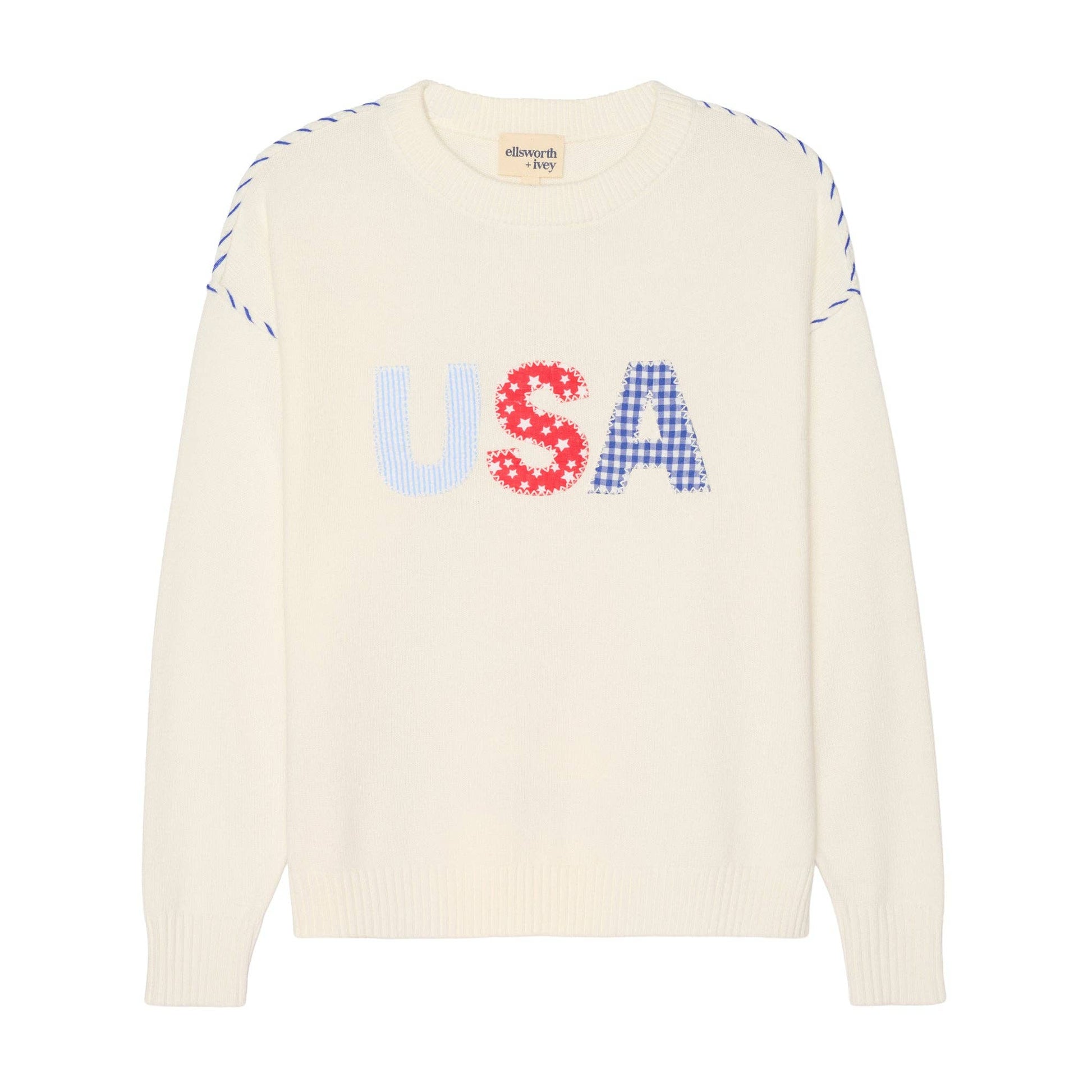 Riley Crew USA Patchwork in Ivory featuring quilted USA lettering, drop shoulders, wide neckline, and contrast whipstitching.