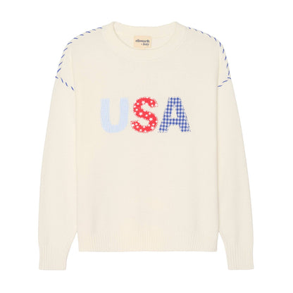 Riley Crew USA Patchwork in Ivory featuring quilted USA lettering, drop shoulders, wide neckline, and contrast whipstitching.