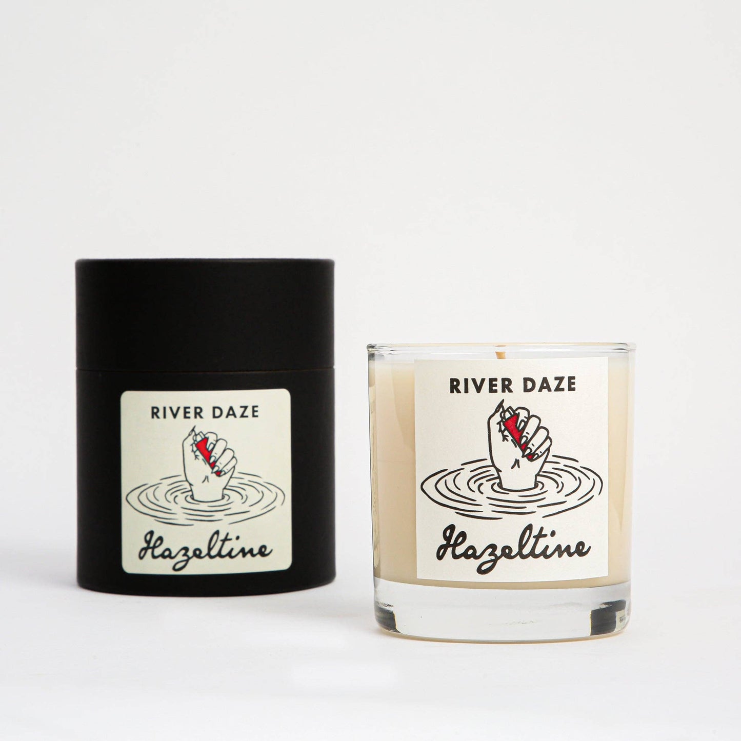 River Daze scented candle shown in black and clear glass jar styles with Hazeltine labels.