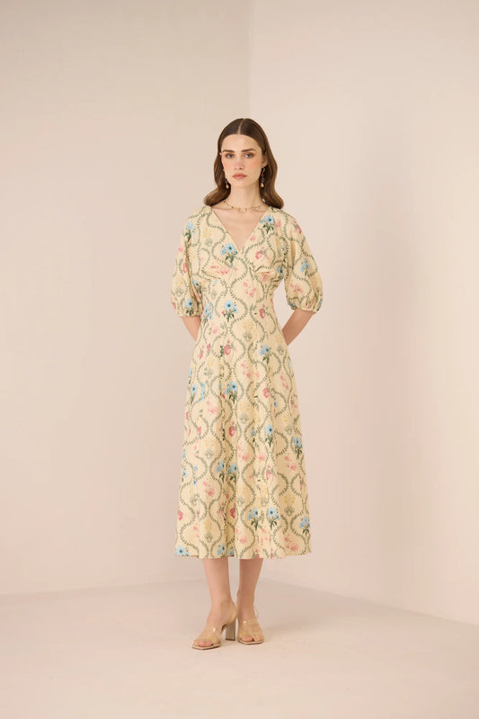 Model wearing the Rosewood Midi Dress in a romantic botanical print, shown from the front with a V neckline, puff sleeves, and flowing midi skirt.
