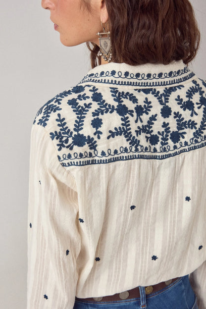 Close-up of the back yoke on the Salinger Shirt in Cream Indigo featuring intricate navy floral embroidery and woven stripe texture.