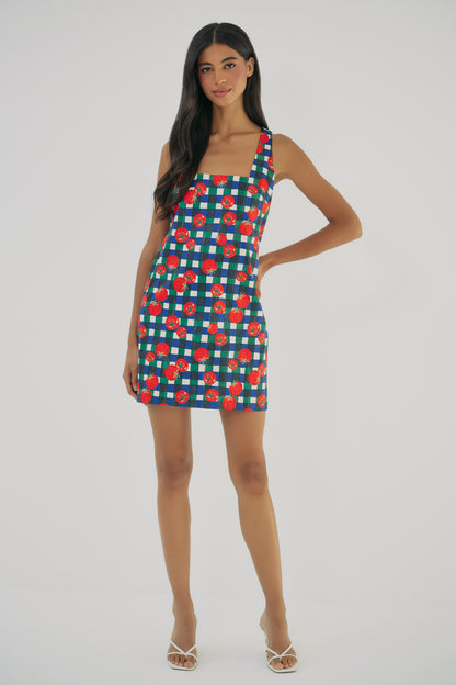 Model wearing Sara mini dress in gingham tomato print with tailored fit and sleeveless square neckline front view