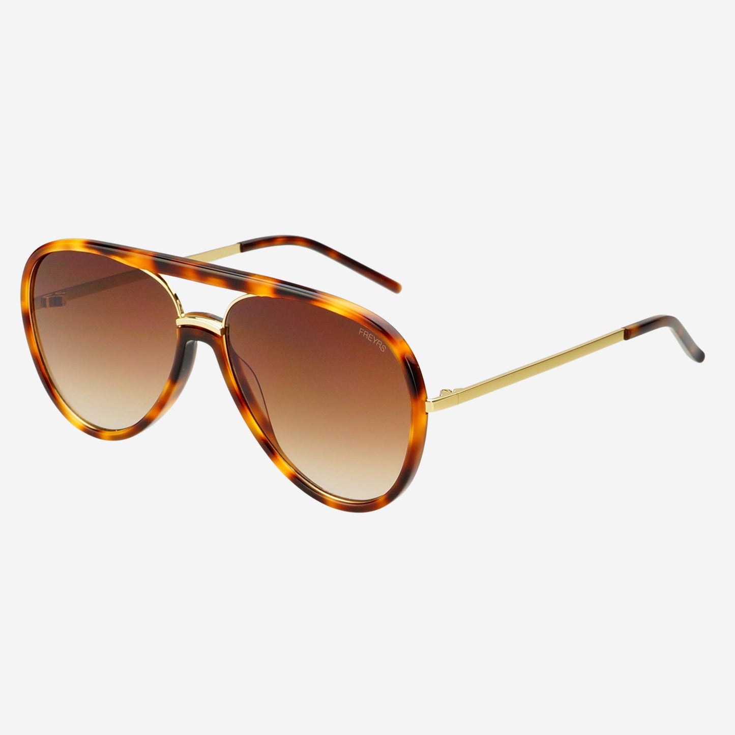 Shay Unisex Aviator Sunglasses in tortoise with gradient brown lenses, shown at an angled side view.