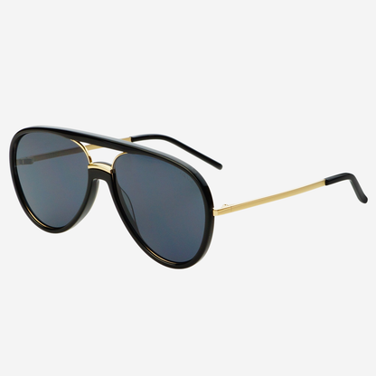 Angled view of the Shay black aviator sunglasses showing the slim gold-tone arms.