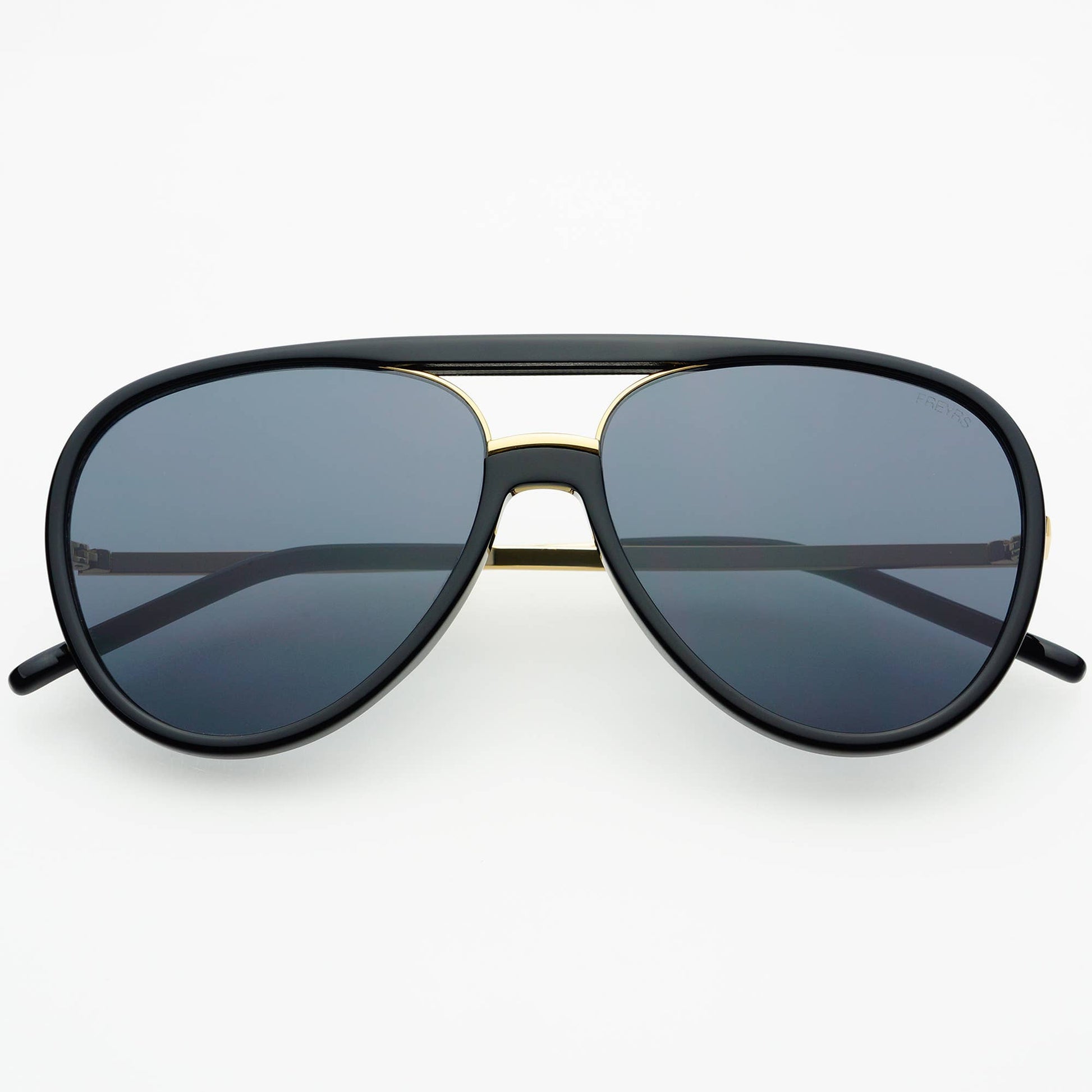 Front view of the Shay black aviator sunglasses with dark lenses and gold bridge detailing.